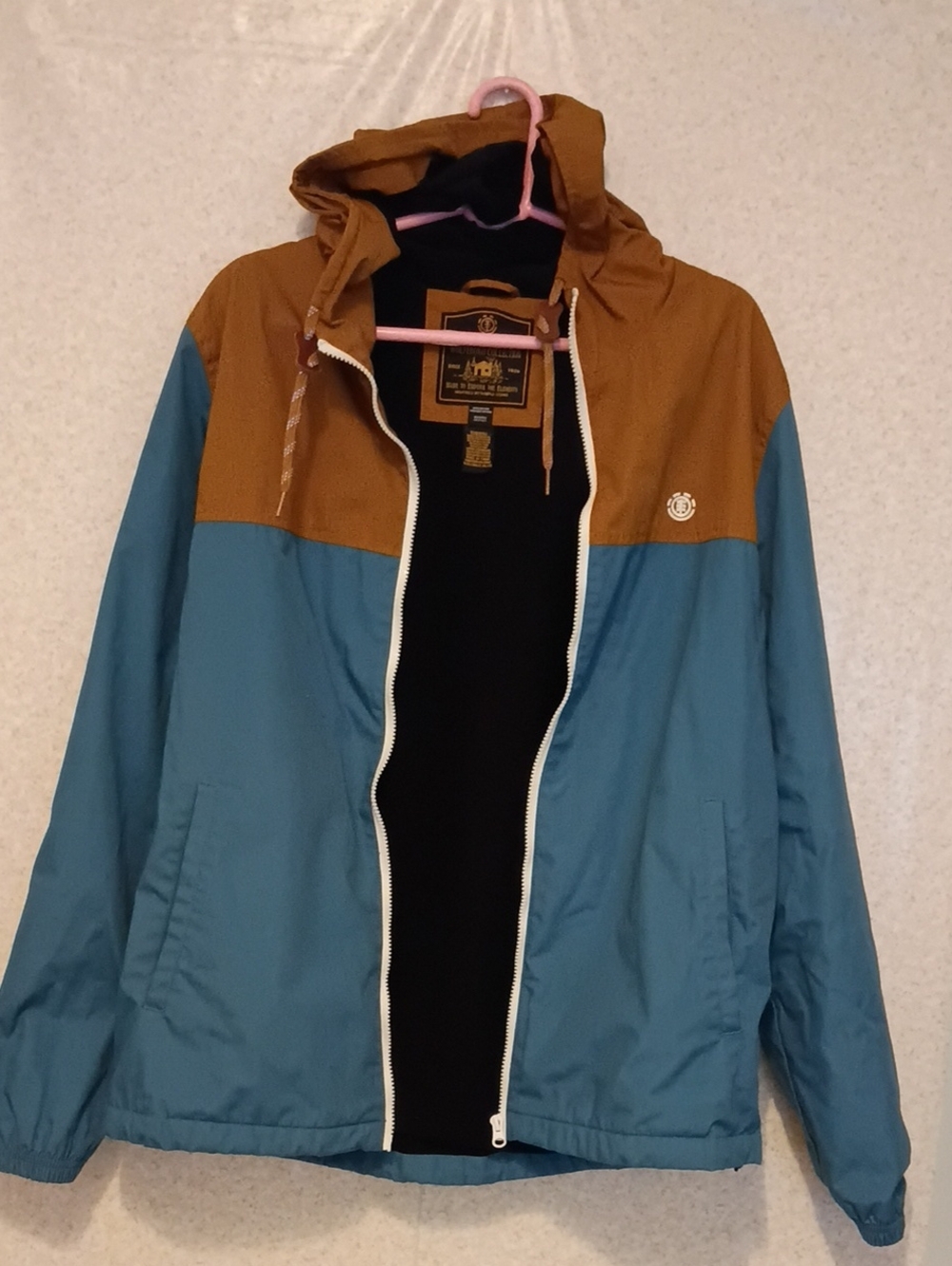 Element Two-Tone Hooded Windbreaker in Brown and Teal Blue